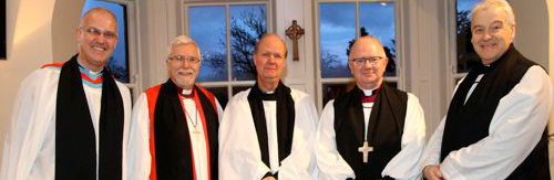 In the chapel after the service: The Director of the institute, the Revd Dr Maurice Elliott; the Bishop of Down and Dromore, the Right Revd Harold Miller; the Revd Canon Dr David Hewlett, Principal, the Queen's Foundation, Birmingham (preacher); the Archbishop of Armagh, the Most Revd Dr Richard Clarke; and the Archbishop of Dublin, the Most Revd Dr Michael Jackson.