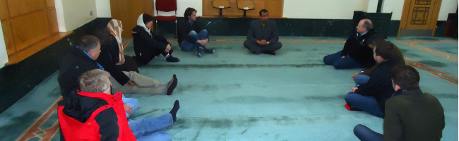 Students with Dr Ali Selim in the mosque at the Irish Islamic Cultural Centre in Clonskeagh.