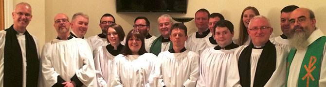 The Archbishop of Dublin, the Most Revd Michael Jackson (centre), the Director of the Church of Ireland Theological Institute, the Revd Dr Maurice Elliott (left) and CITI lecturers the Revd Dr Paddy McGlinchey and Revd Canon Patrick Comerford (right) with the 12 student ordinands who were commissioned as student readers: Philip Bryson (Connor), Jonathan McFarland (Connor), Peter Munce (Connor), Rebecca Guildea (Dublin and Glendalough), Danielle McCullagh (Connor), Stuart Moles (Connor), Geoff Hamilton (Down and Dromore), Nigel Cairns (Derry and Raphoe), Simom Scott (Dublin and Glendalough), Mark Gallagher (Armagh), Lucy Burden (Connor), and Chris St John (Down and Dromore)