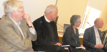 The panel of speakers at the integrative seminar in the Church of Ireland Theological Institute (from left): Professor Sean Freyne, TCD; Revd Dr Michael Thompson, Ridley Hall, Cambridge; Professor Judith Lieu, Cambridge; and Revd Professor Robert Moberly, Durham University (Photograph: Patrick Comerford)