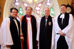 The Very Revd Matthias Der, the Dean of Hong Kong; Archbishop of Hong Kong, the Most Revd Dr Paul Kwong, the Dean of St Patrick's Cathedral, Dublin, the Very Revd Victor Stacey and the Revd Dr Alan McCormack, Rector of St Botolph without Bishopsgate and St Vedast Alias Foster in the City London before the Swift Service in St Patrick's Cathedral.