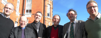 The Revd Dr Maurice Elliott, Director of the Church of Ireland Theological Institute (left) with: Bishop John Evans of St Davids, Bishop Andrew John of Bangor, Canon Dennis Wight of the Diocese of Saint David's, the Revd Professor Canon Leslie Frances, and Mr Peter Hamill, who arranged the visit (Photograph: Patrick Comerford).