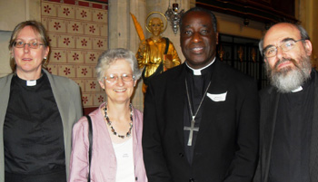 Canon Patrick Comerford (right) at the Affirming Catholicism conference with (from left) Canon Charlotte Methuen, Keble College, Oxford, and Ripon College, Cuddesdon; the author, Janet Morley; and Bishop William Mchombo of Eastern Zambia.